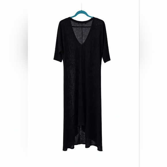 Eileen Fisher Black Wool Tunic Dress M Textured Knit V Neck Oversized Minimalist - Picture 2 of 10